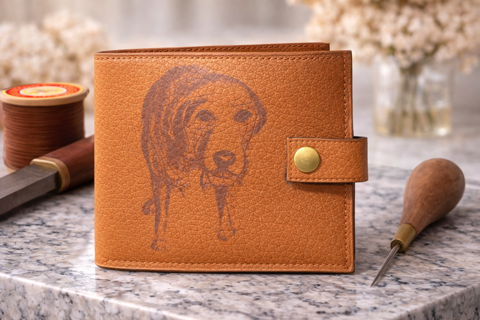 Portefeuille en cuir gravé avec un chien